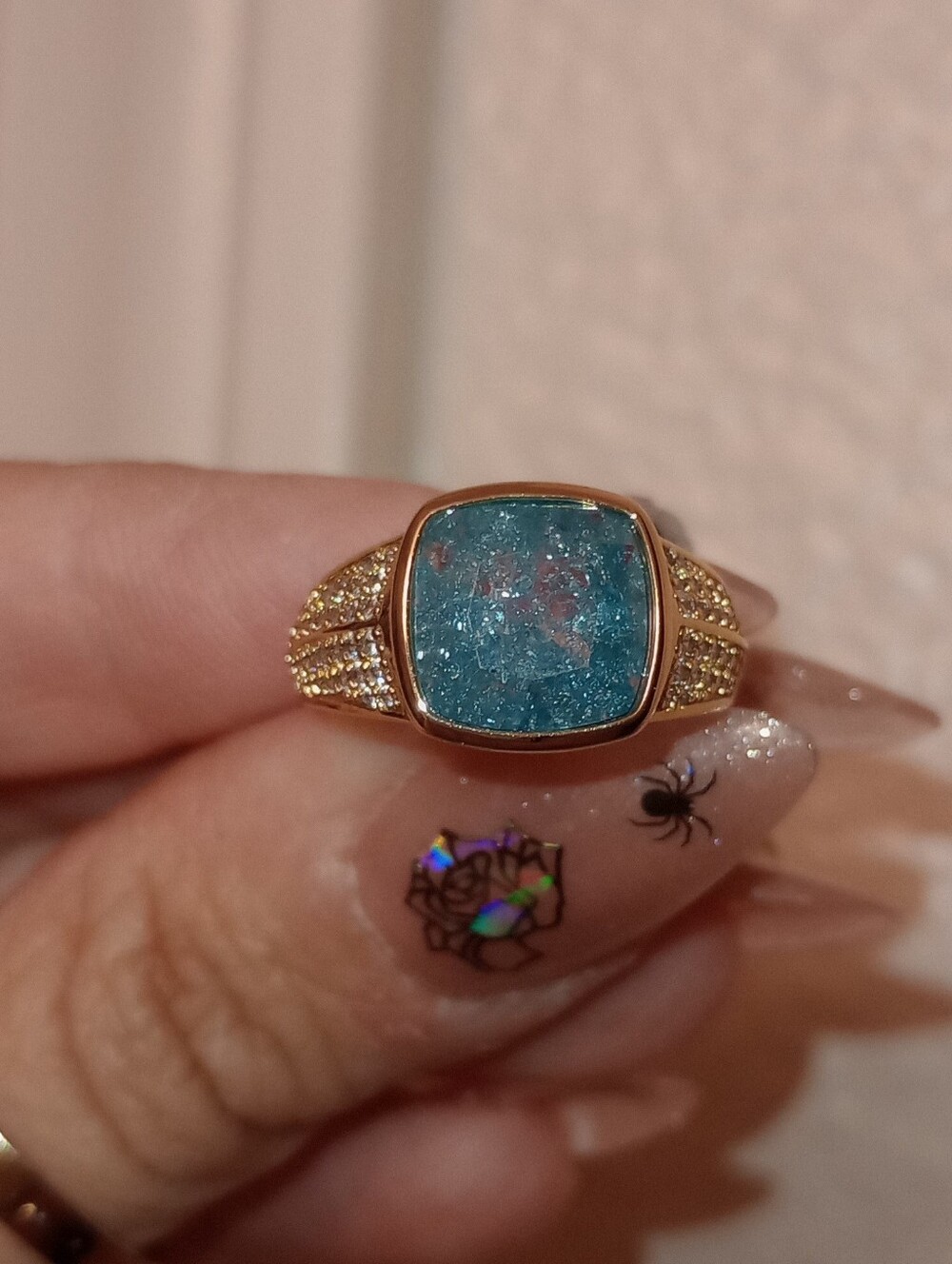 Gold Ring with Blue Aura Stone And Pave Accent